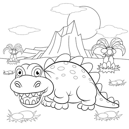 Coloring book. Funny dinosaur in a prehistoric landscape. Cartoon and vector isolated character on background.のイラスト素材
