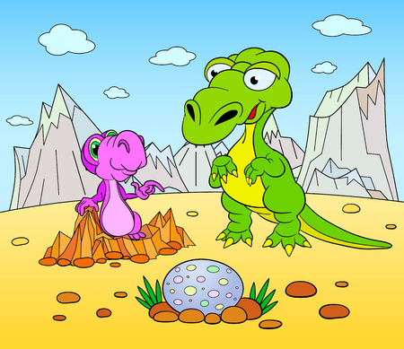 Funny dinosaur in a prehistoric landscape. Cartoon and vector isolated character on background.のイラスト素材