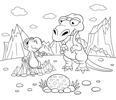 Coloring book. Funny dinosaur in a prehistoric landscape. Cartoon and vector isolated character on background.のイラスト素材