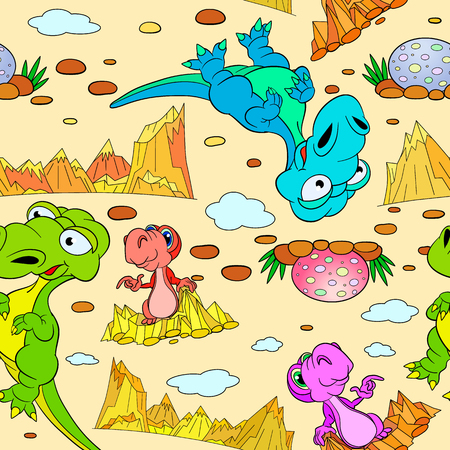 Seamless pattern with cartoon amusing decorative dinosaurs and eggs and rocks.のイラスト素材