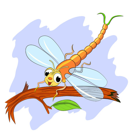 Funny cartoon dragonfly sitting on tree branch.のイラスト素材