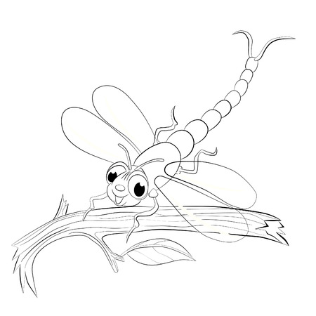 Funny cartoon dragonfly sitting on tree branch. Coloring book.のイラスト素材
