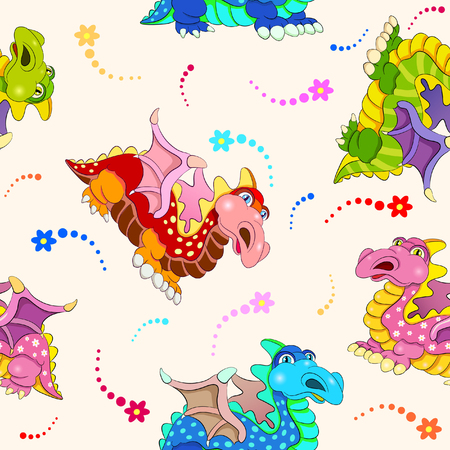 Seamless pattern with cartoon amusing decorative dinosaurs.のイラスト素材