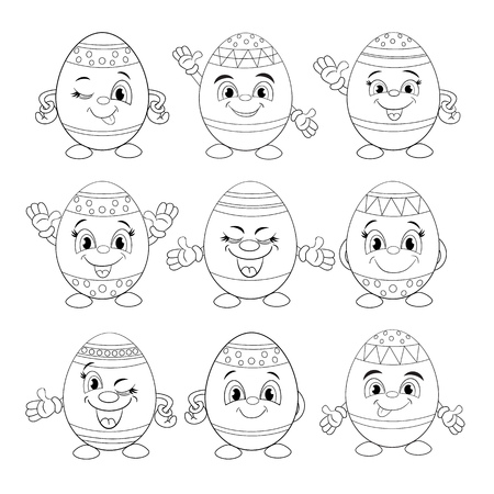 Cartoon set of different smiling eggs. Coloring book.のイラスト素材