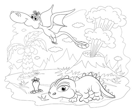 Coloring book. Funny dinosaur in a prehistoric landscape. Cartoon and vector isolated character on background.のイラスト素材