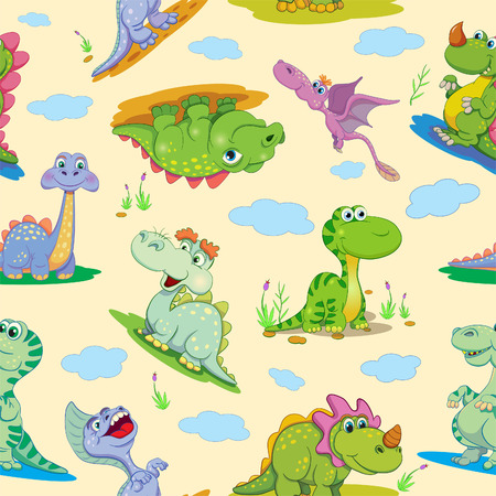 Seamless pattern with cartoon amusing decorative dinosaurs.のイラスト素材