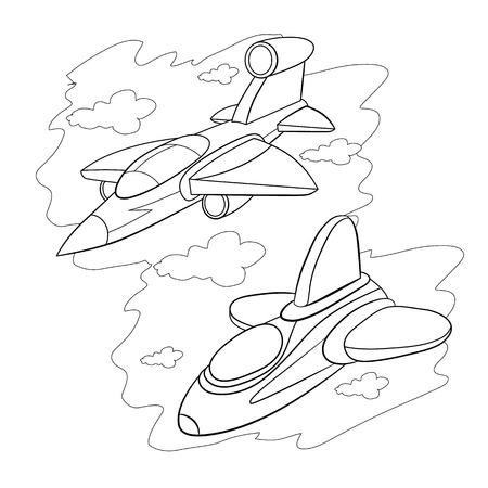 Coloring book. Two cartoon stealth fighter flying in the cloudy sky.のイラスト素材