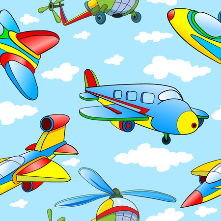 Seamless pattern with cartoon planes and helicopter on background Cloudy Skies.のイラスト素材
