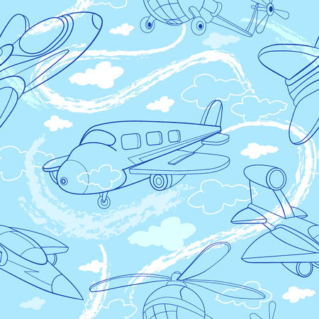 Seamless pattern with cartoon planes and helicopter on background Cloudy Skies.のイラスト素材