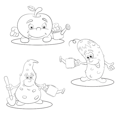 Funny gardeners with a watering can. Apple, cucumber and carrots are preparing for agricultural work. Coloring book.のイラスト素材