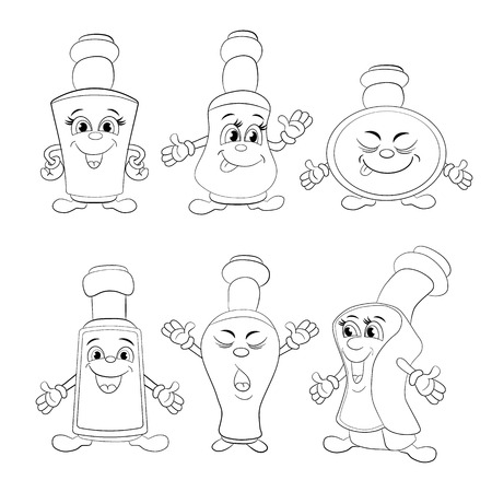 Cartoon set of different smiling bottles. Coloring book.のイラスト素材