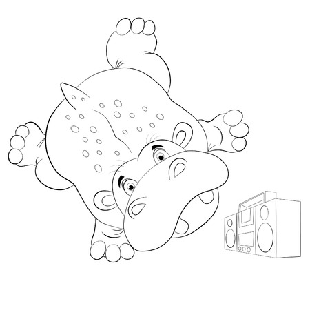Funny cartoon hippo dancing breakdance and does handstand on hand. Near the dancer stands tape. Coloring book.のイラスト素材
