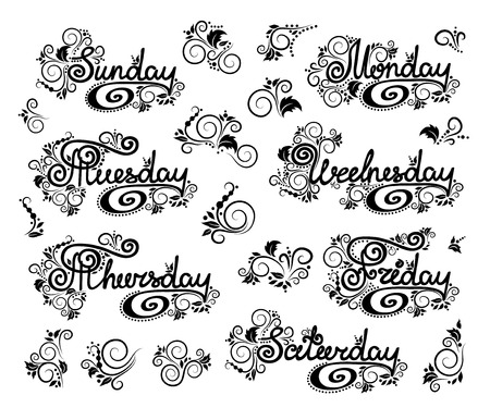 Doodles cartoon curls ornamental floral design days of the week. English lettering. Sunday start.のイラスト素材