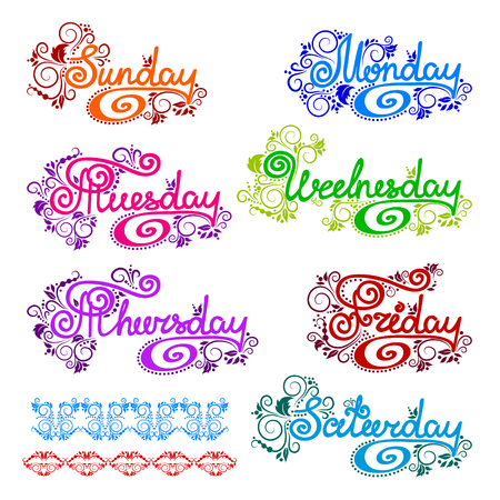 Doodles cartoon curls ornamental floral design days of the week. English lettering. Sunday start.のイラスト素材