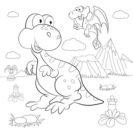Coloring book. Funny dinosaurs in a prehistoric landscape. Cartoon and vector isolated character on background.のイラスト素材