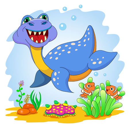 Funny dinosaur in a sea. Cartoon and vector isolated character on background.のイラスト素材