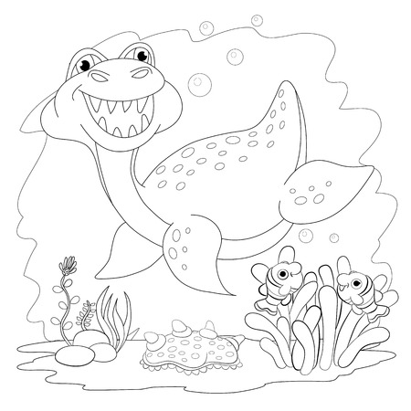 Coloring book. Funny dinosaur in a sea. Cartoon and vector isolated character on background.のイラスト素材