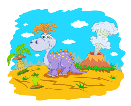 Funny dinosaur in a prehistoric landscape. Cartoon and vector isolated character on background.のイラスト素材