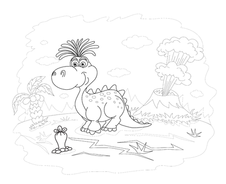 Coloring book. Funny dinosaur in a prehistoric landscape. Cartoon and vector isolated character on background.のイラスト素材
