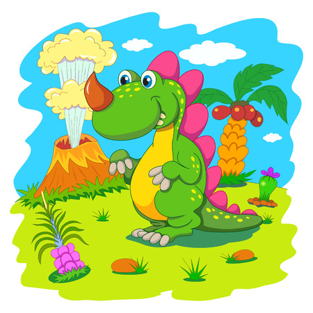 Funny dinosaur in a prehistoric landscape. Cartoon and vector isolated character on background.のイラスト素材