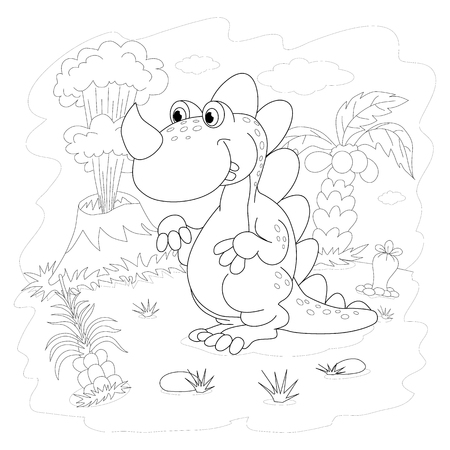 Coloring book. Funny dinosaur in a prehistoric landscape. Cartoon and vector isolated character on background.のイラスト素材