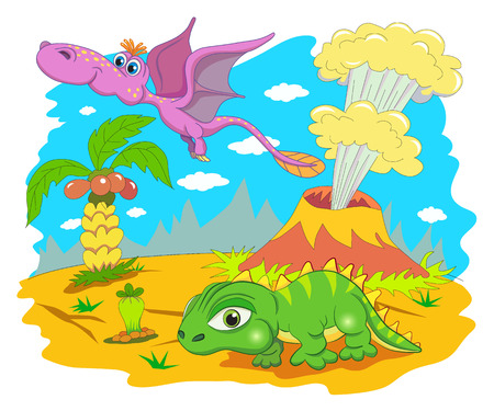 Funny dinosaur in a prehistoric landscape. Cartoon and vector isolated character on background.のイラスト素材