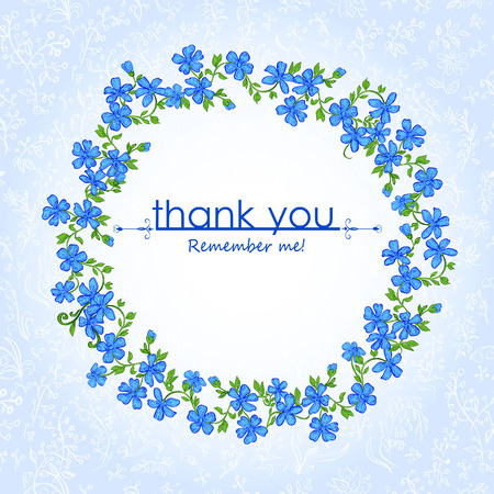 Blue vintage card with floral circle and text "Thank you. Remember me".のイラスト素材