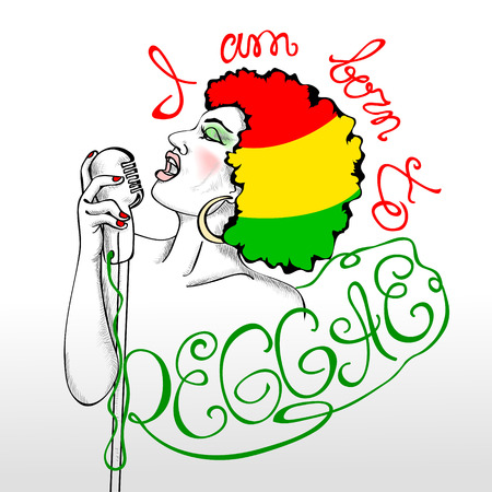 Sketch of African-American girl with retro microphone singing reggae. Hair painted in rasta colors. On the outside of the image - the inscription "I am born to reggae"のイラスト素材