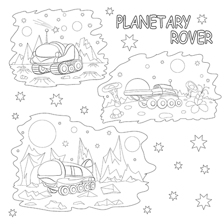 Coloring book. Set of tree illustrations cartoon planetary rovers.のイラスト素材
