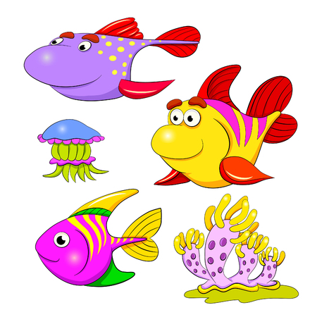 Cartoon set of funny fishes, jellyfish and mollusc.のイラスト素材
