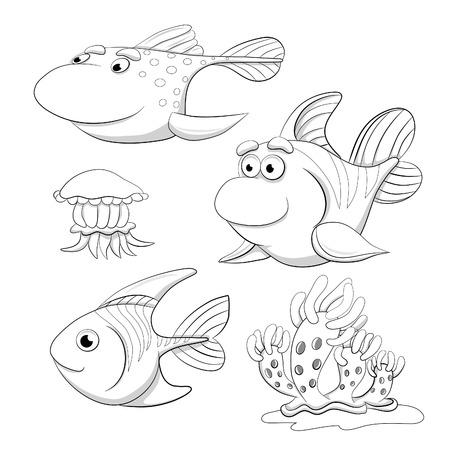 Cartoon set of funny fishes, jellyfish and mollusc. Coloring book.のイラスト素材