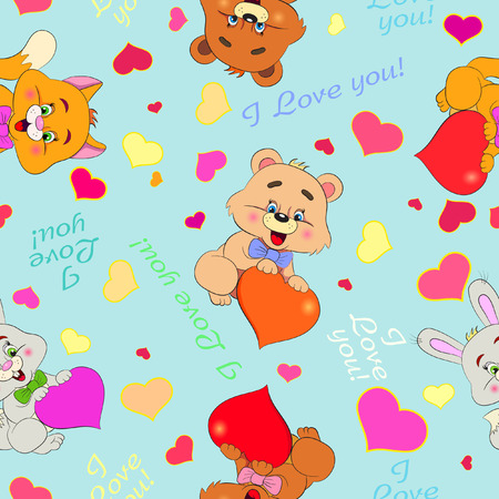 Cartoon merry striped kittens, bears and rabbits with hearts. Valentine seamless pattern.のイラスト素材