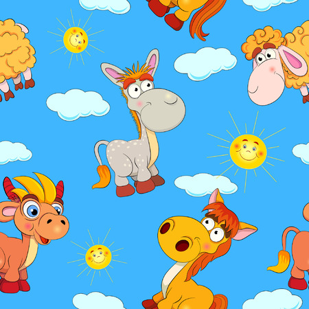 Cartoon merry horse, bull, donkey and ram on background with suns and clouds. Seamless pattern.のイラスト素材