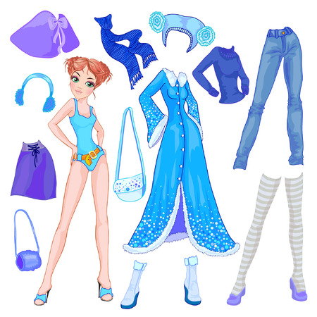 Paper Doll with different winter dresses.のイラスト素材