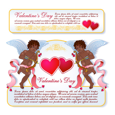 Vintage vector card with ornaments of roses. Angels-cupids shoots from a bow.のイラスト素材