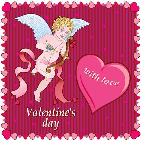 Vintage vector card with ornaments of hearts. Angel-cupid shoots from a bow.のイラスト素材