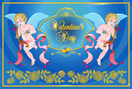 Vintage vector card with ornaments of roses. Angels-cupids shoots from a bow.のイラスト素材