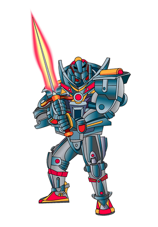 Robot cyborg with weapons in the form of Fire sword. White background. Vector illustration.のイラスト素材