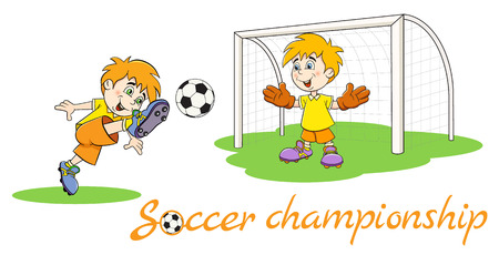Cheerful cartoon soccer player kicks the ball. Goalkeeper on gates catches the ball. Vector illustration.のイラスト素材