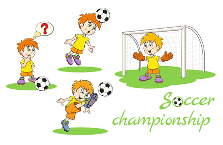 Set of funny cartoon football players. The first reflects a footballer kicking the ball, the second player hits the ball head, the third kicker foot kicks the ball, the goalkeeper is on the gate.のイラスト素材