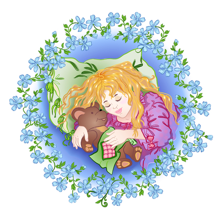 Little girl sleeping on a pillow. In the hands of a girl's toy - a teddy bear. Vector illustration.のイラスト素材