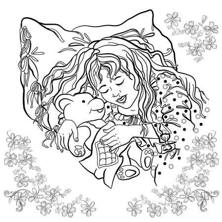 Little girl sleeping on a pillow. In the hands of a girl's toy - a teddy bear. Vector illustration. Coloring book.のイラスト素材