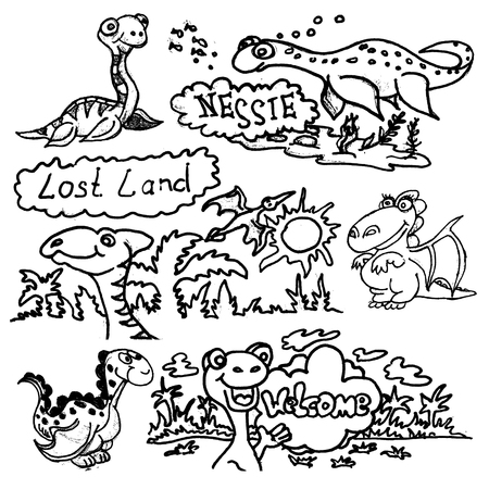 Set of funny cartoon dinosaurs hand-drawn doodle.のイラスト素材