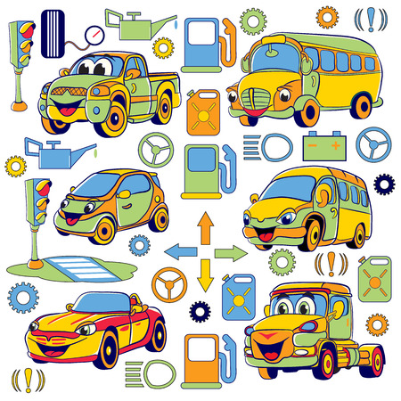 Set of funny cartoon cars and related objects.のイラスト素材