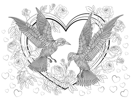 Hand drawn birds on the hearts in a branches of a blossoming roses-tree. Coloring page.のイラスト素材