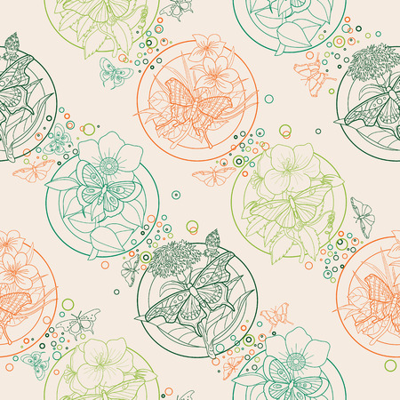 Seamless pattern with butterflies and flowers outline. Vintage.のイラスト素材