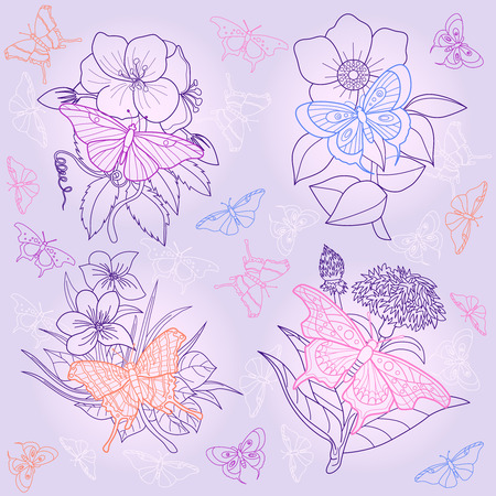 Pattern with butterflies and flowers outline. Vintage.のイラスト素材