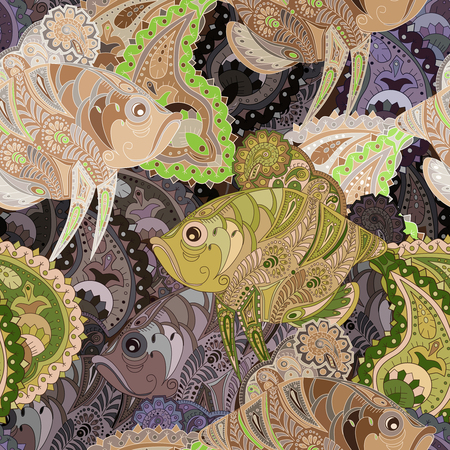 Seamless pattern with colored zentangl  doodle fishes. Vintage.のイラスト素材