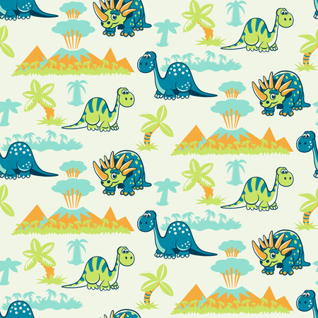 Seamless pattern with dinosaurs, palms and volcanoes.のイラスト素材