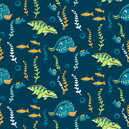 Seamless pattern with marine dinosaurs, fish and seaweed.のイラスト素材